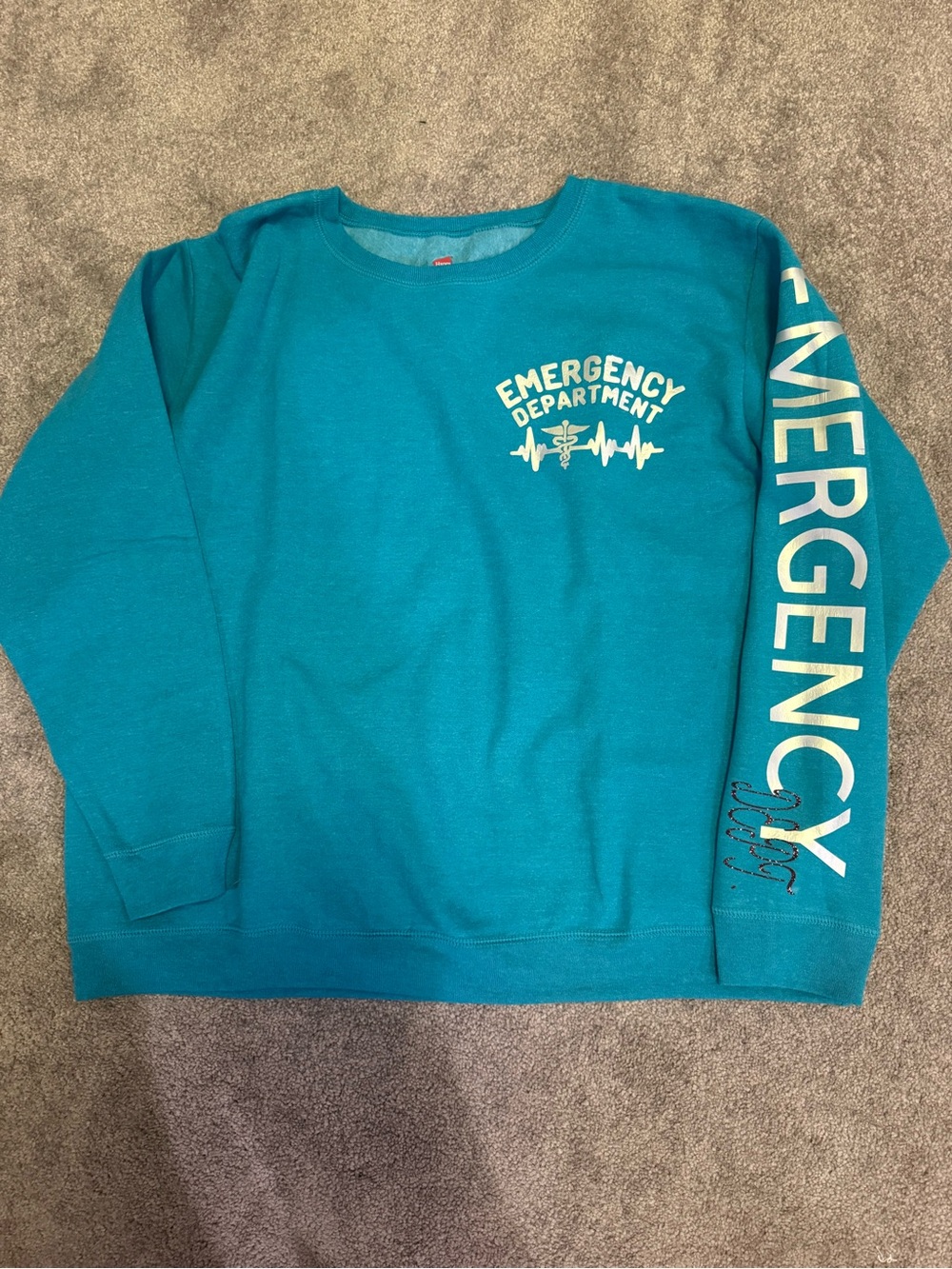 Hanes Teal Crewneck Sweatshirt with Emergency Department Graphic